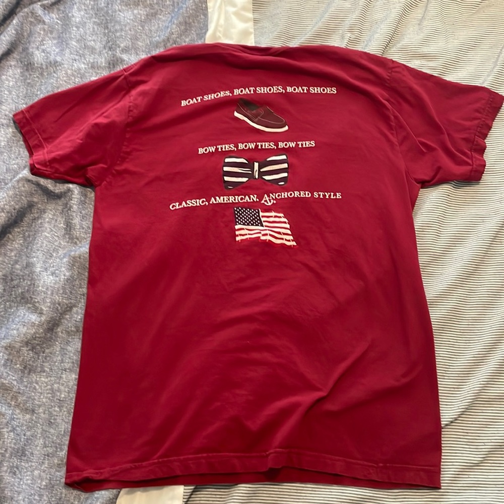 Anchored Style red t shirt size large. Boat shoes, bow toes, classic American.